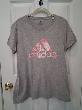 adidas Gray Short Sleeve Tee with Pink Floral Logo
